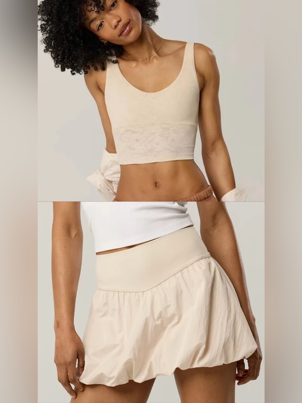 OFFLINE By Aerie Lace Real Me Low Key Longline Sports Bra & Bubble Skort Cream M